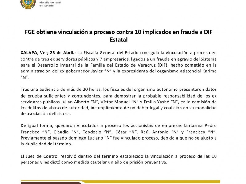 10 personas ligadas a fraude contra DIF vinculadas a proceso