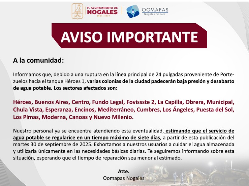 19 colonias afectadas con suministro de agua por ruptura de tubería