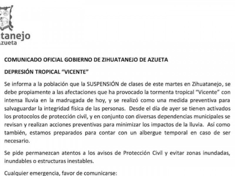 234 escuelas de Zihuatanejo suspendieron clases por Vicente