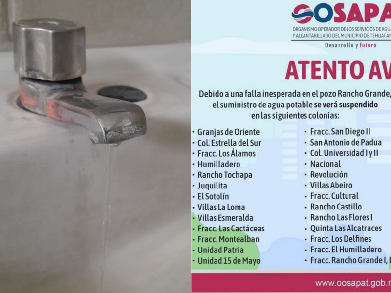 26 zonas sin abastecimiento de agua por fallas en pozo