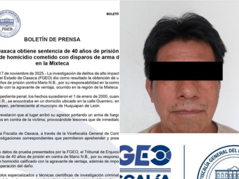 40 años de prisión por homicidio cometido en la Mixteca