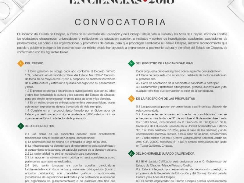 Abren convocatoria para premio Chiapas.