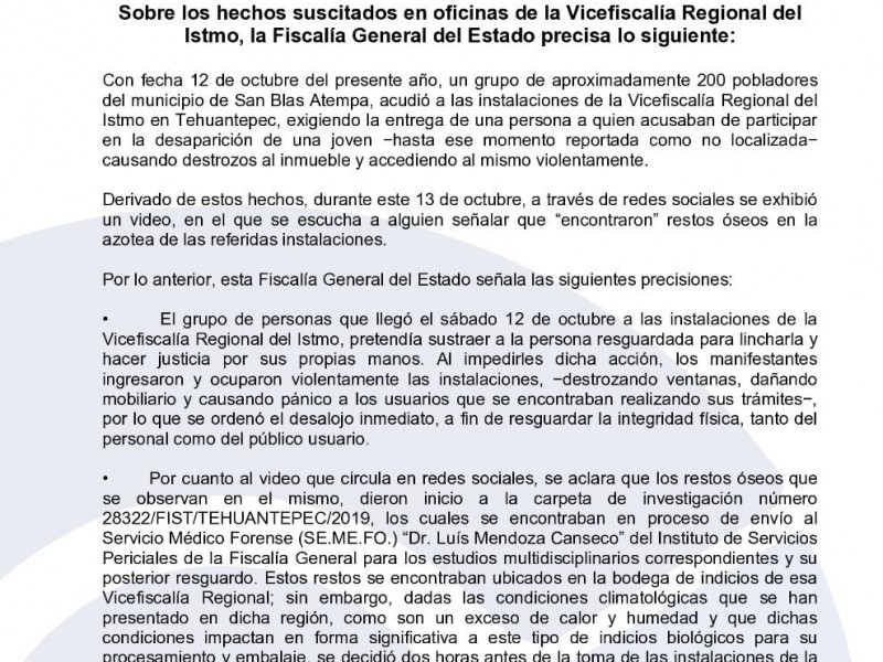 Aclara FGEO osamenta en instalaciones de Tehuanatepec