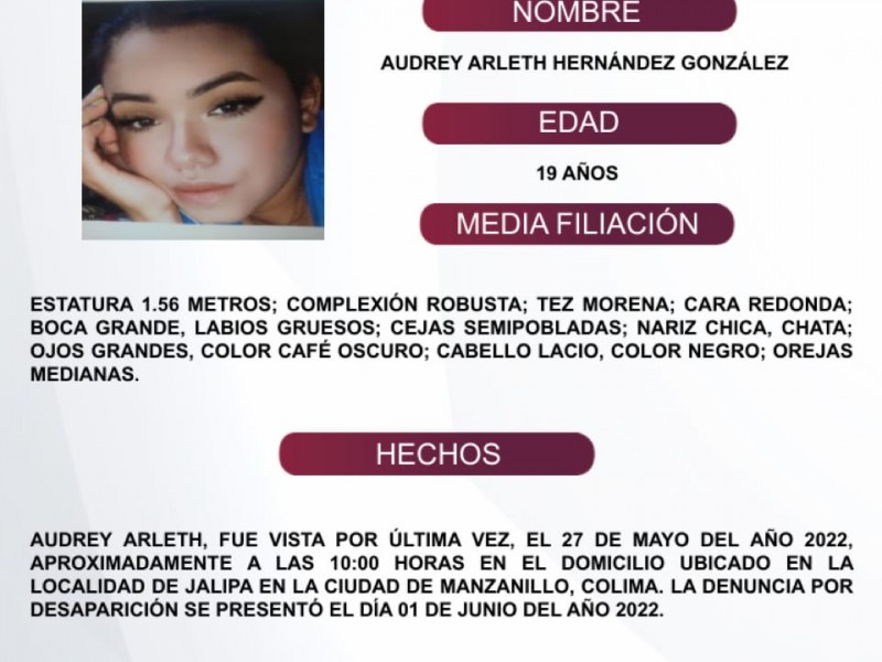 Activan Alerta Alba para localizar a Audrey Arleth Hernández