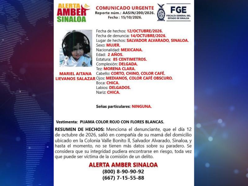 Activan Alerta Amber en Salvador Alvarado para búsqueda de menor