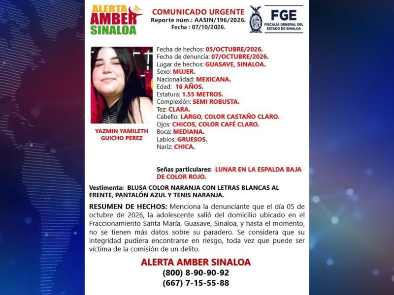 Activan Alerta Amber para localizar a Yazmín Yamileth desaparecida en Guasave