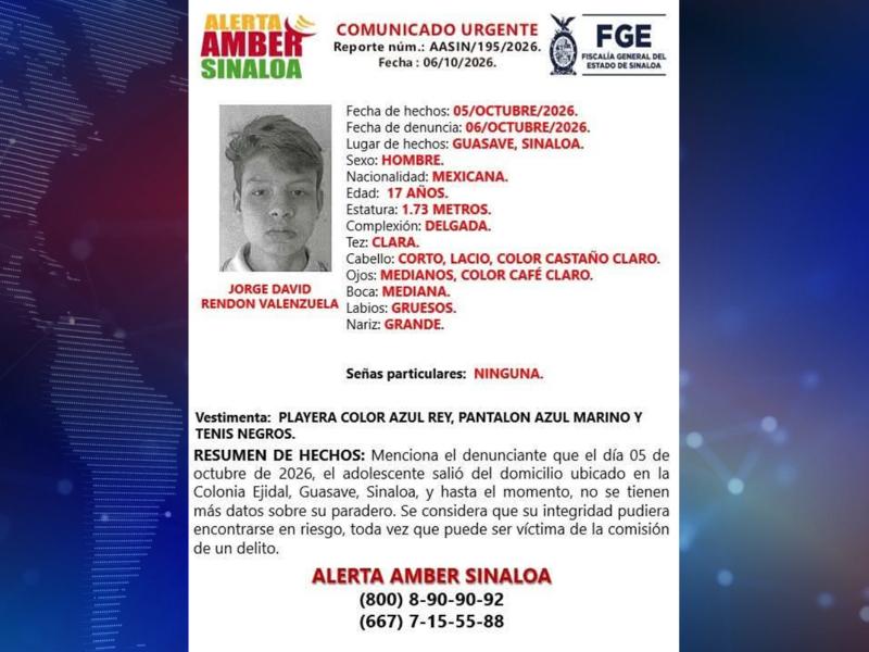 Activan Alerta Amber por adolescente de 17 años desaparecido en Guasave