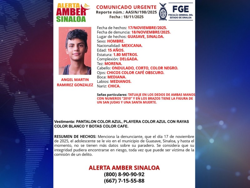 Activan Alerta Amber por adolescente desaparecido en Guasave