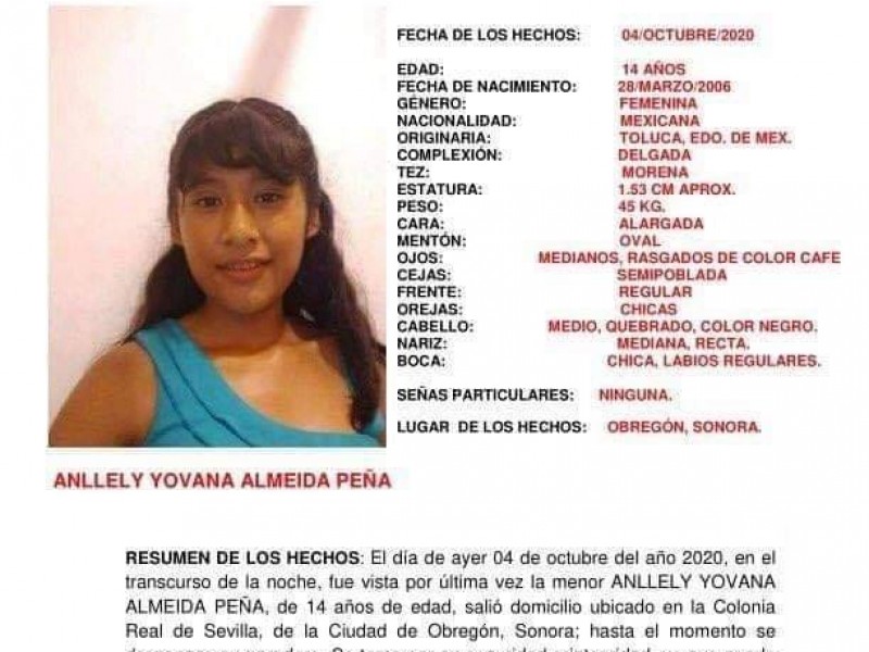 Activan Alerta Amber por desaparición de niña en Cajeme