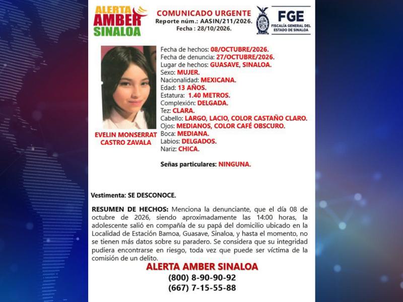 Activan Alerta Amber por desaparición de adolescente de 13 años en Guasave