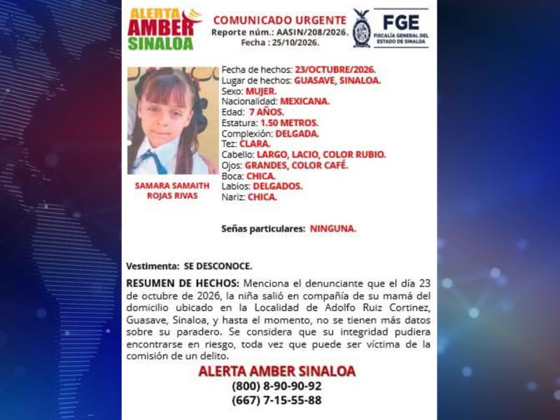 Activan Alerta Amber por desaparición de niña de 7 años en Guasave;