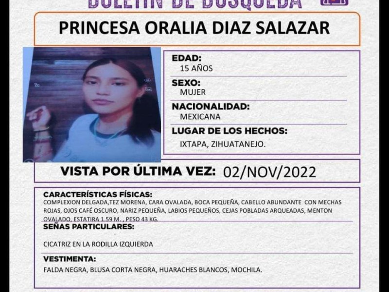 Activan Alertas Amber/Violeta por adolescente desaparecida en Zihuatanejo