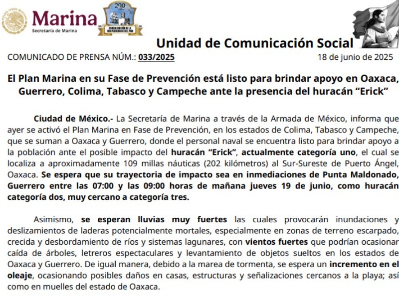Activan Plan Marina ante impacto del huracán Erick en Oaxaca