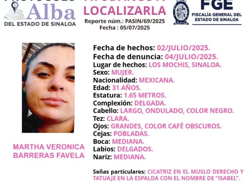 Activan protocolo Alba para localizar a Martha Verónica, desaparecida en Los Mochis