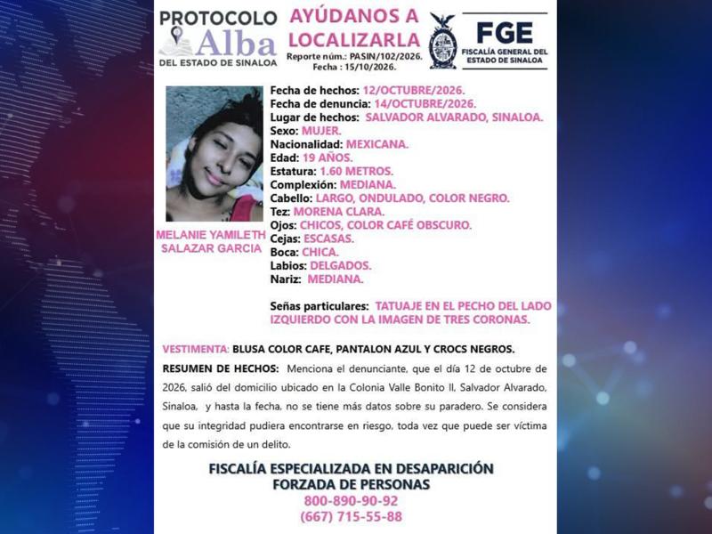 Activan Protocolo Alba para localizar a Melanie Yamileth desaparecida en Salvador Alvarado