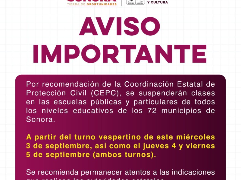 Activan suspensión de clases en el estado de Sonora por huracán 