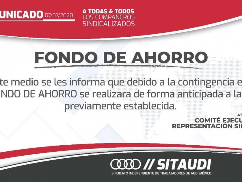 Adelantaran fondo de ahorro a trabajadores de AUDI