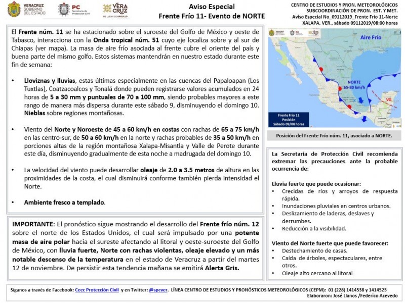 Advierten por eventos de Frentes Fríos en Veracruz