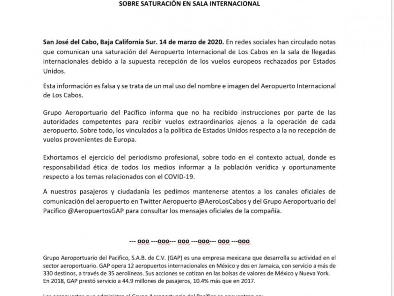 Aeropuerto desmiente versiones sobre saturación en sala internacional