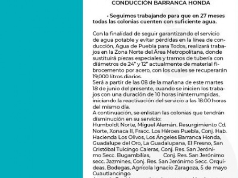 Agua de Puebla disminuirá servicio en Barranca Honda