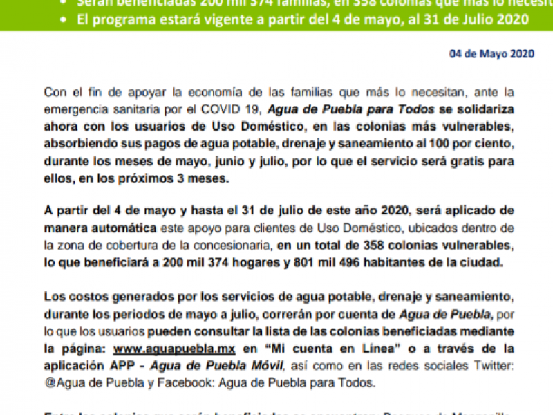 Agua de Puebla pagará el servicio a 358 colonias vulnerables