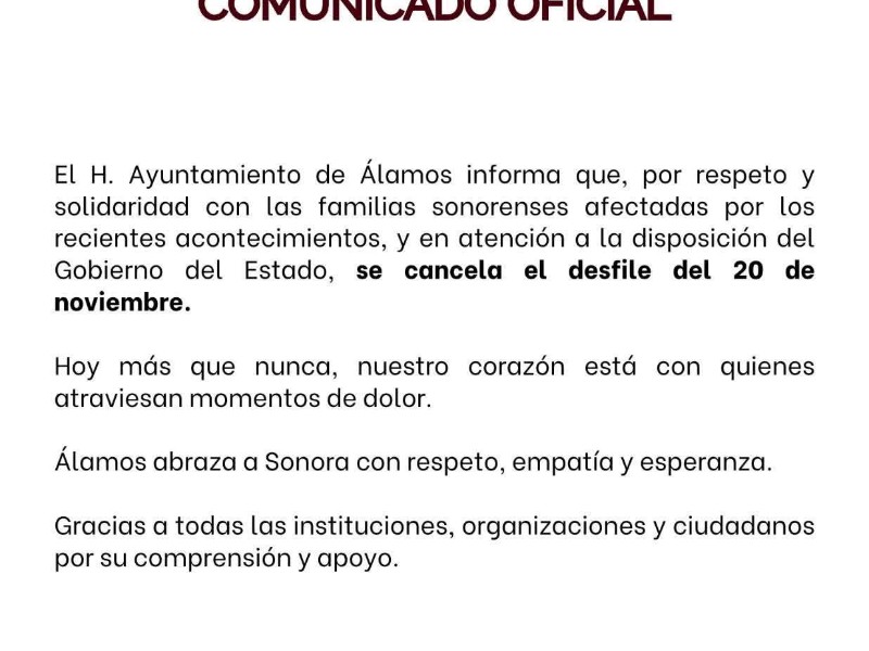 Álamos y Huatabampo se suman al luto estatal, cancelan desfile