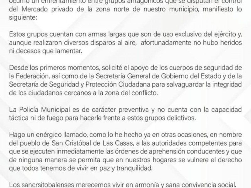 Alcalde de SCLC asegura que está rebasado por grupos armados