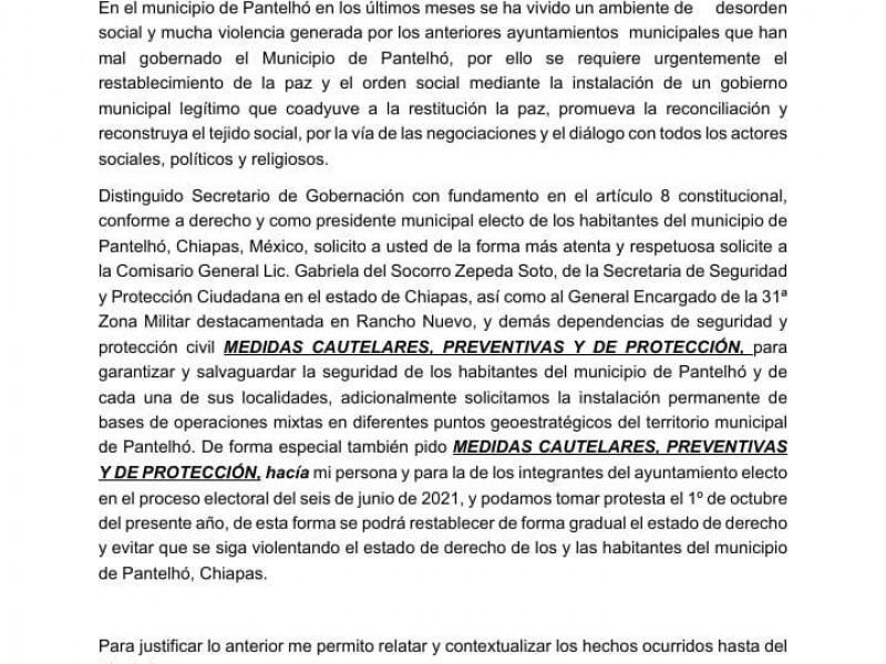 Alcalde electo de Pantelhó pide medidas cautelares a Segob