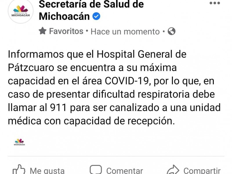 Alcanza 100% ocupación hospitalaria en Pátzcuaro