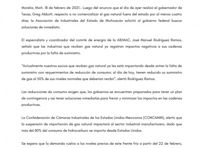 Alerta AIEMAC daño a sector manufacturero por poco gas natural