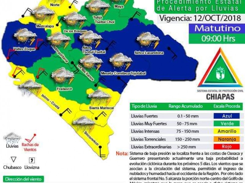 Alerta amarilla para cinco regiones de Chiapas.
