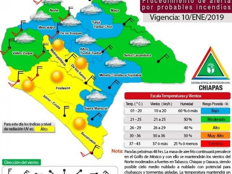 Alerta amarilla para cinco regiones de Chiapas.