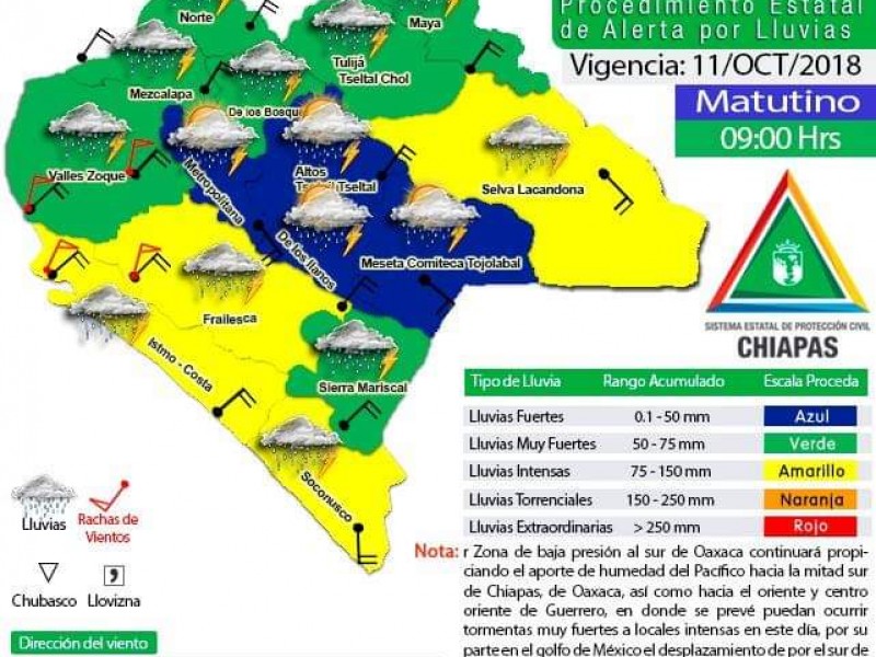 Alerta amarilla para cuatro regiones de Chiapas.
