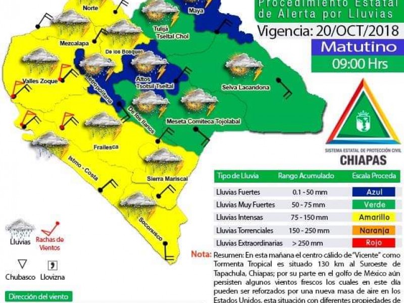Alerta amarilla para ocho regiones de Chiapas.