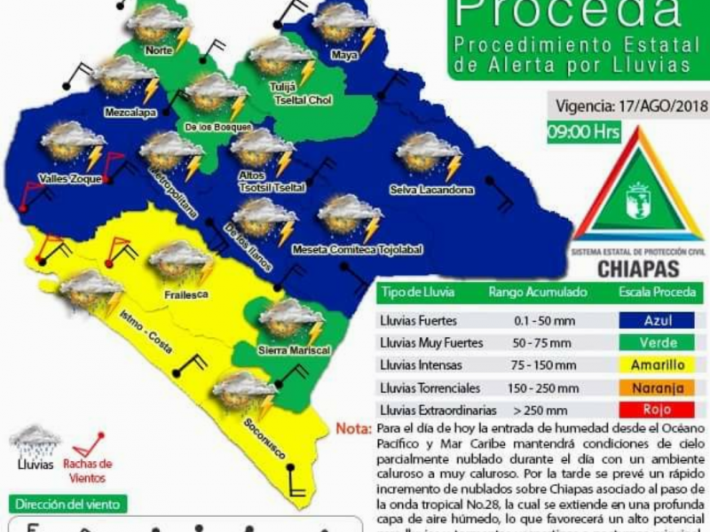 Alerta amarilla para tres regiones de Chiapas.