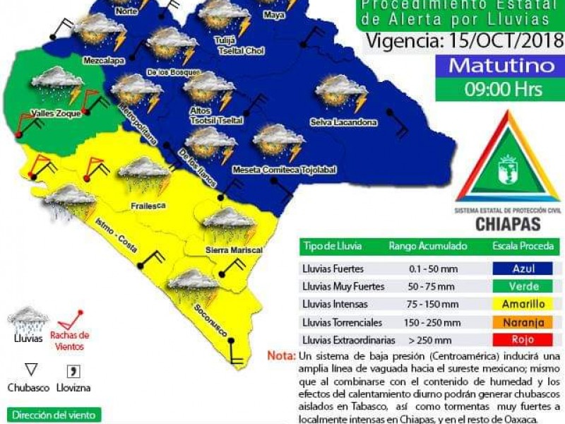 Alerta amarilla por lluvias para Chiapas.