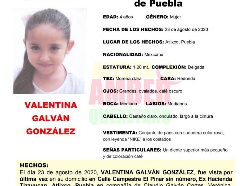 Alerta Amber por niña no localizada en Puebla