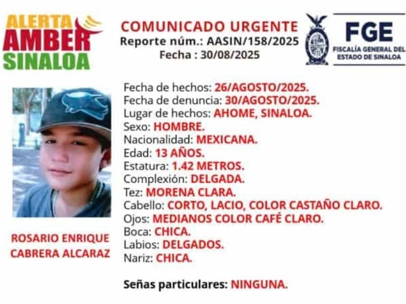¡Alerta Amber!Piden ayuda para localizar a Rosario Enrique desaparecido en Los Mochis