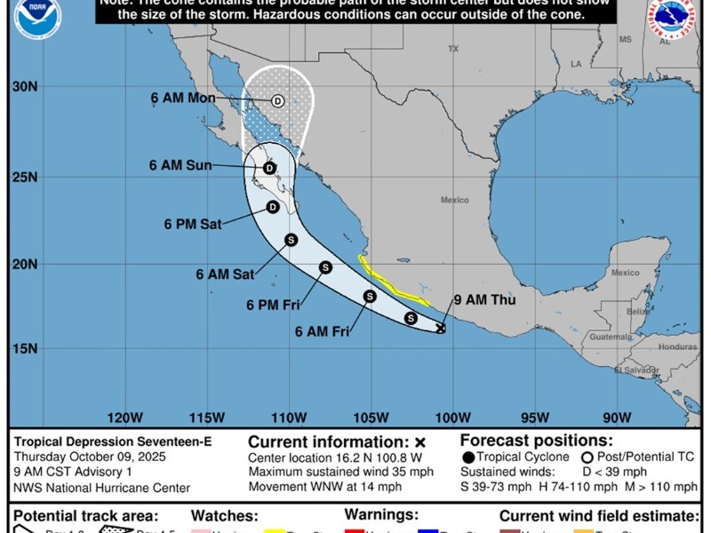 Alerta CEPCyGR por depresión tropical Diecisiete-E en el Océano Pacífico