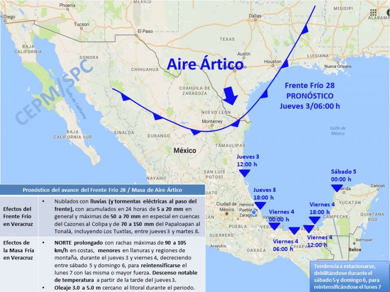 Alerta Gris en Veracruz por Frente Frío