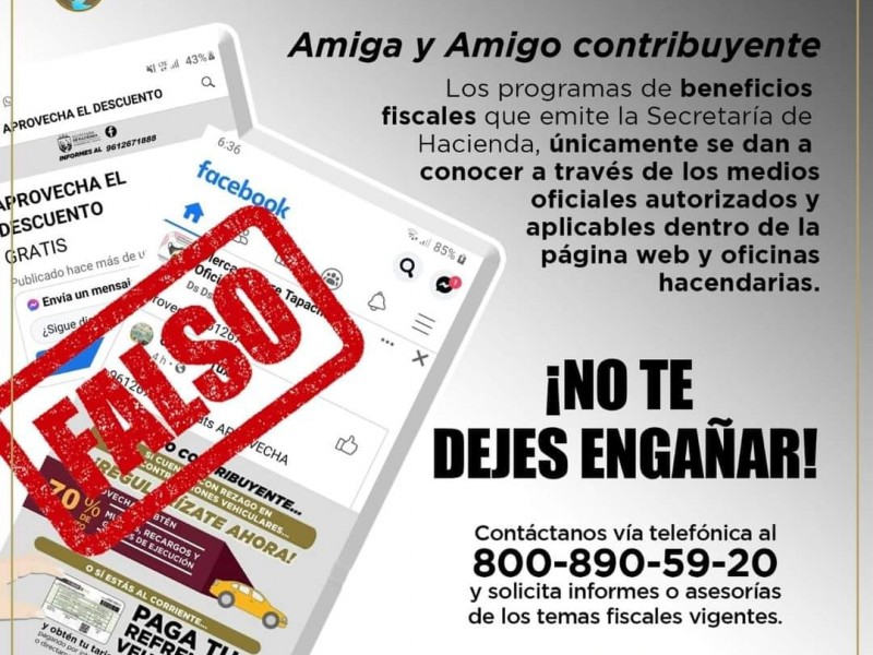 Alerta Hacienda del Estado sobre engaños en descuentos