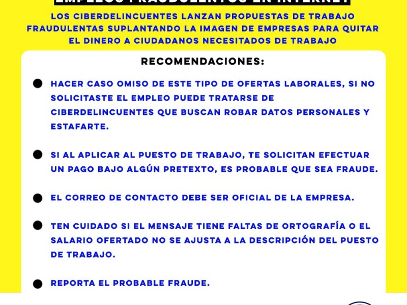 Alerta Unidad Cibernética por empleos fraudulentos en internet