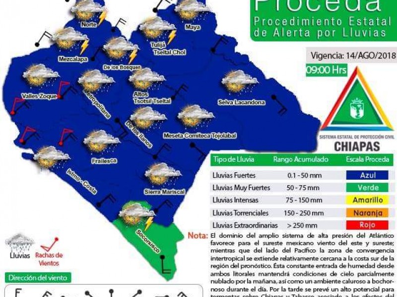 Alerta verde para Chiapas por lluvias