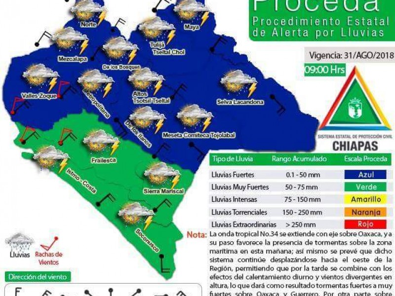 Alerta verde para Chiapas por lluvias