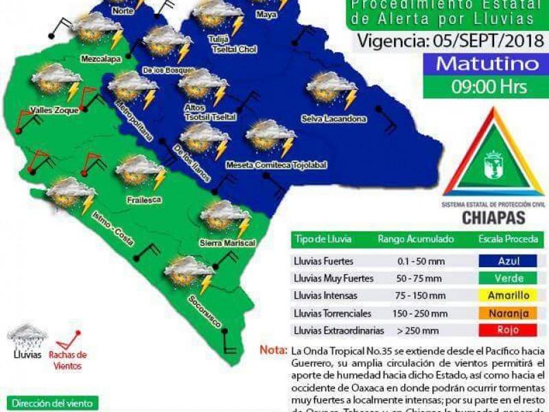 Alerta verde para Chiapas por lluvias