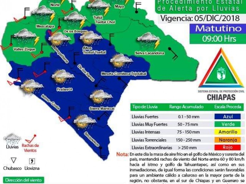 Alerta verde para Chiapas por lluvias