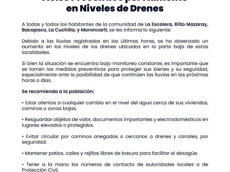 Alertan por aumento de niveles en drenes en comunidades de Huatabampo