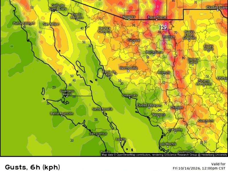 Alertan por rachas de viento de hasta 110 km/h en Sonora