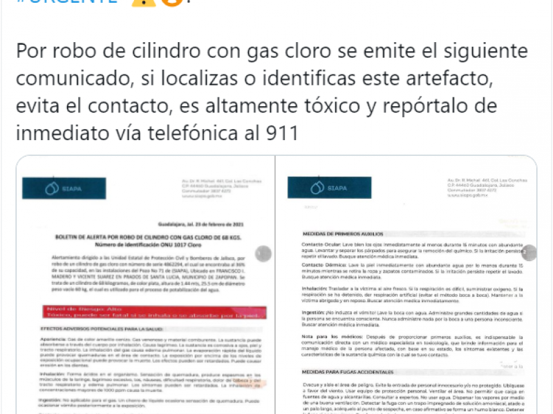 Alertan por robo de cilindro altamente tóxico en la ZMG