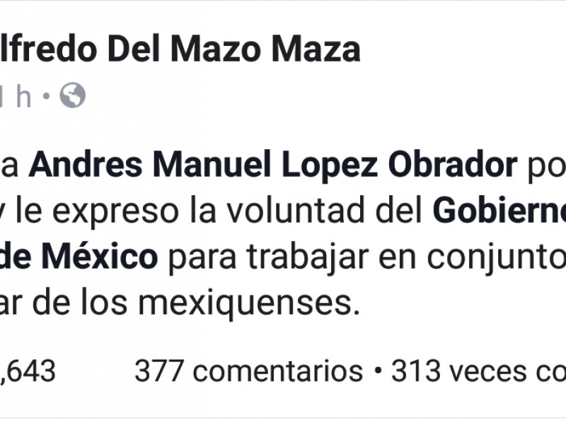 Alfredo del Mazo, felicita a AMLO por triunfo